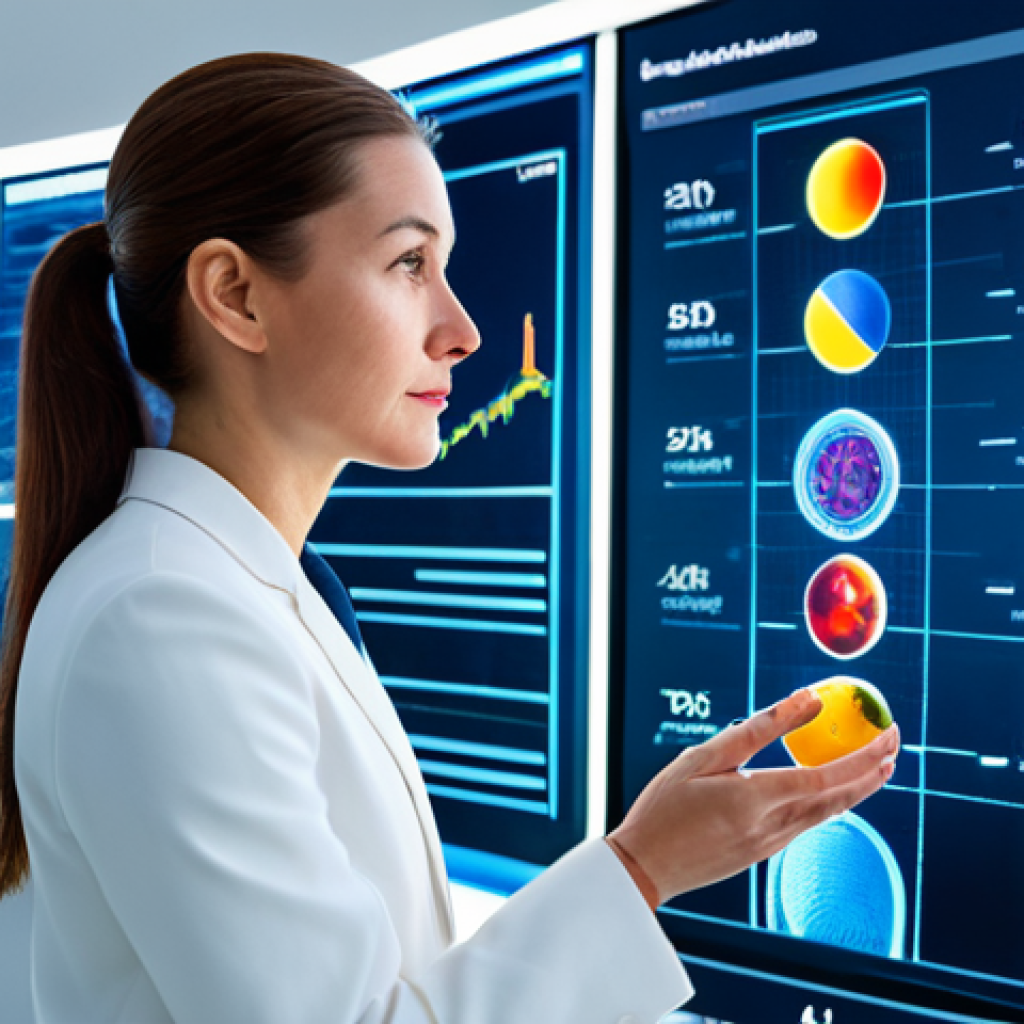 A professional woman, fully clothed in modest business attire, standing in a sleek, modern, brightly lit research lab. She is thoughtfully examining a holographic interface that displays intricate personalized nutrition data, including abstract visualizations of a DNA helix and a vibrant gut microbiome. In the background, subtle smart sensors and clean, futuristic screens are visible. Natural pose, perfect anatomy, correct proportions, well-formed hands, professional photography, high quality, appropriate content, safe for work, family-friendly.