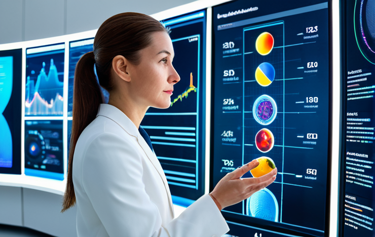 A professional woman, fully clothed in modest business attire, standing in a sleek, modern, brightly lit research lab. She is thoughtfully examining a holographic interface that displays intricate personalized nutrition data, including abstract visualizations of a DNA helix and a vibrant gut microbiome. In the background, subtle smart sensors and clean, futuristic screens are visible. Natural pose, perfect anatomy, correct proportions, well-formed hands, professional photography, high quality, appropriate content, safe for work, family-friendly.