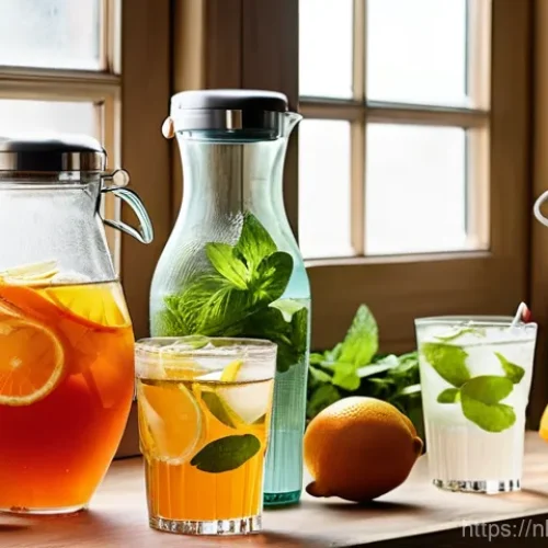 여름철 맞춤형 수분 섭취 가이드 - **Prompt:** A sunlit, modern Dutch kitchen featuring an array of refreshing, naturally infused drink...