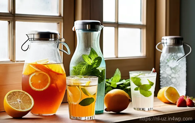 여름철 맞춤형 수분 섭취 가이드 - **Prompt:** A sunlit, modern Dutch kitchen featuring an array of refreshing, naturally infused drink...