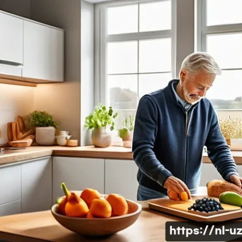 맞춤형 영양과 식이요법의 차이점 - A modern Dutch kitchen scene featuring a middle-aged person preparing a personalized breakfast tailo...