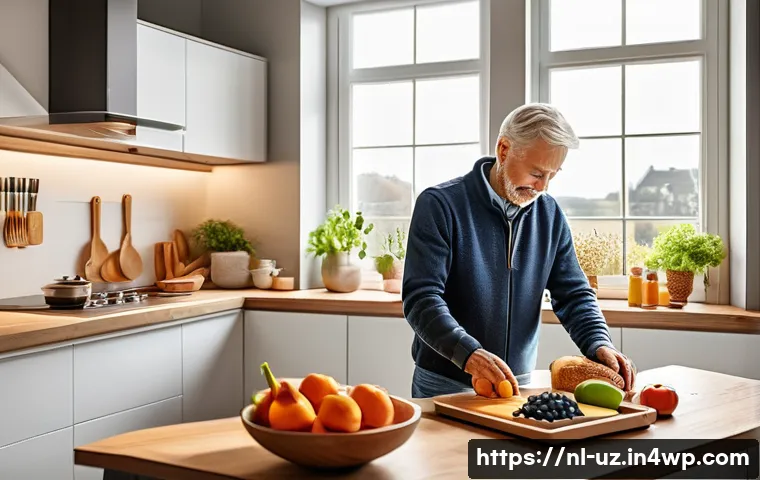 맞춤형 영양과 식이요법의 차이점 - A modern Dutch kitchen scene featuring a middle-aged person preparing a personalized breakfast tailo...