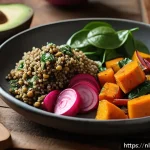 비건을 위한 맞춤형 영양 안내 - A vibrant, colorful vegan meal plate featuring a variety of seasonal vegetables such as roasted pump...