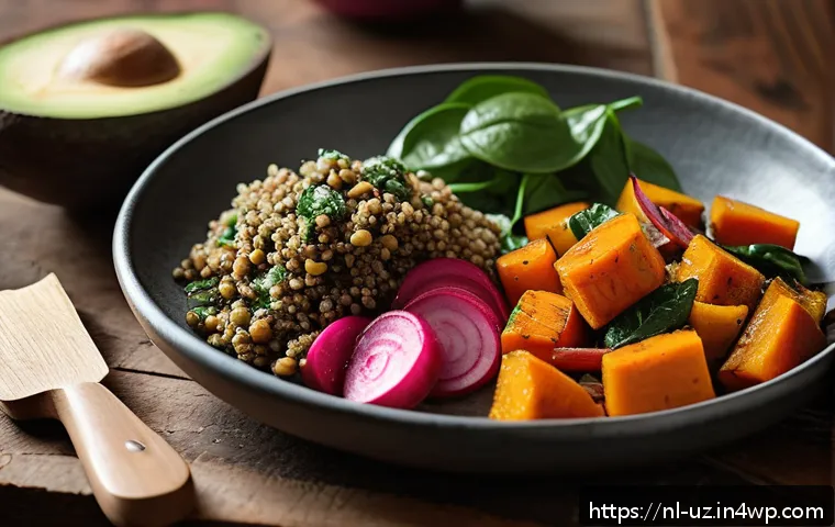 비건을 위한 맞춤형 영양 안내 - A vibrant, colorful vegan meal plate featuring a variety of seasonal vegetables such as roasted pump...