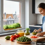 개인 맞춤형 영양 프로그램 설계 방법 - A modern Dutch home kitchen scene showing a young adult woman preparing a balanced meal with fresh M...