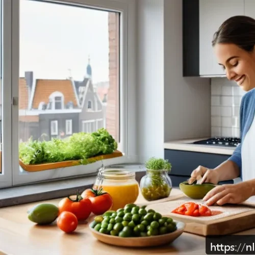 개인 맞춤형 영양 프로그램 설계 방법 - A modern Dutch home kitchen scene showing a young adult woman preparing a balanced meal with fresh M...