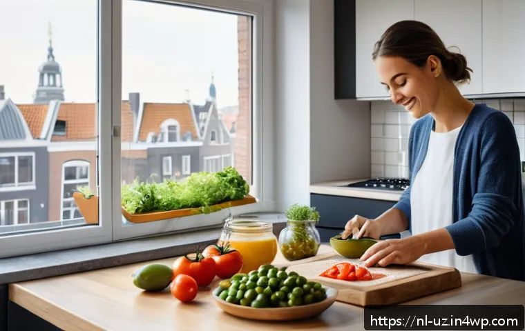 개인 맞춤형 영양 프로그램 설계 방법 - A modern Dutch home kitchen scene showing a young adult woman preparing a balanced meal with fresh M...