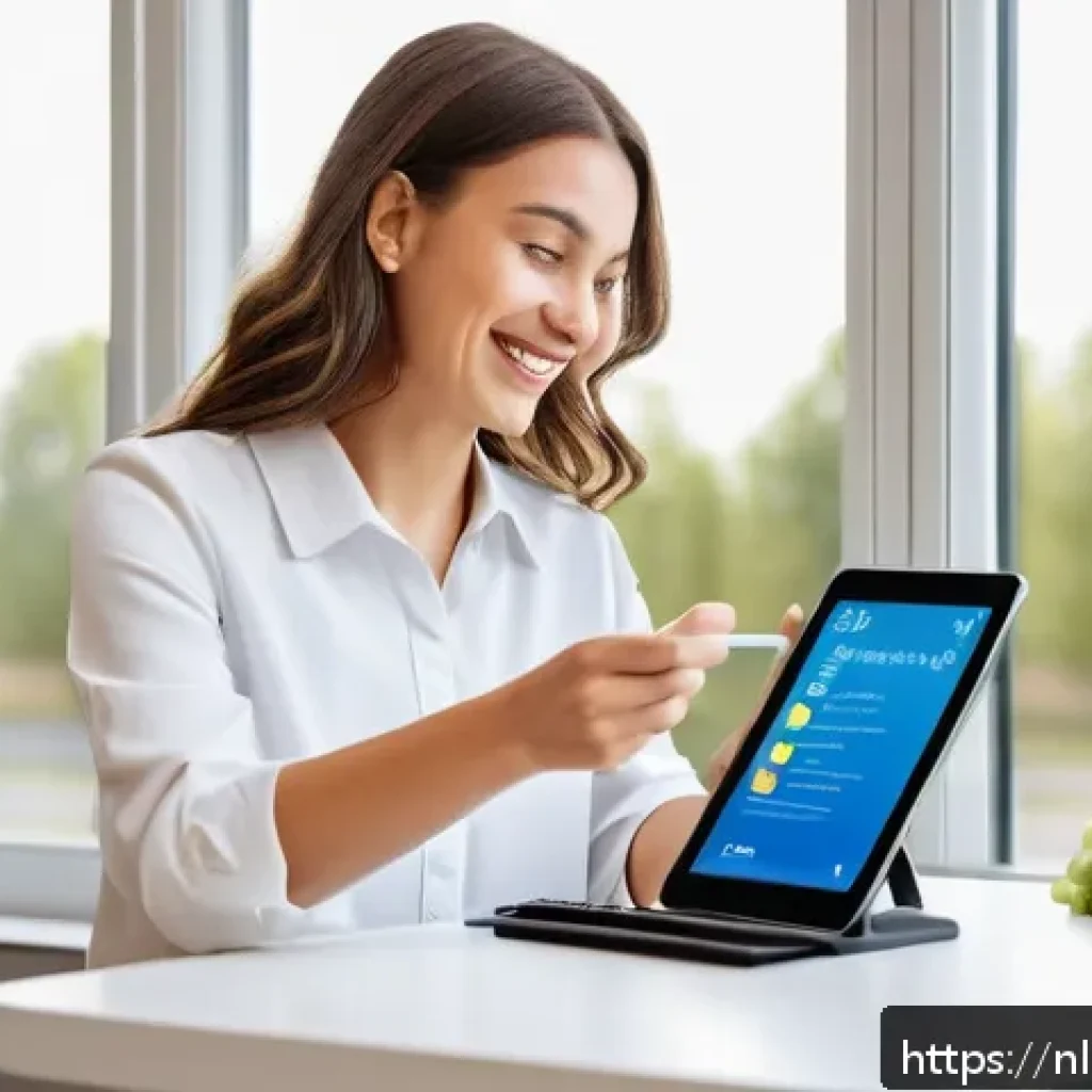 맞춤형 영양 추천을 위한 설문지 작성법 - A modern Dutch nutritionist’s office setting with a young adult woman filling out a digital interact...