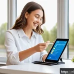 맞춤형 영양 추천을 위한 설문지 작성법 - A modern Dutch nutritionist’s office setting with a young adult woman filling out a digital interact...