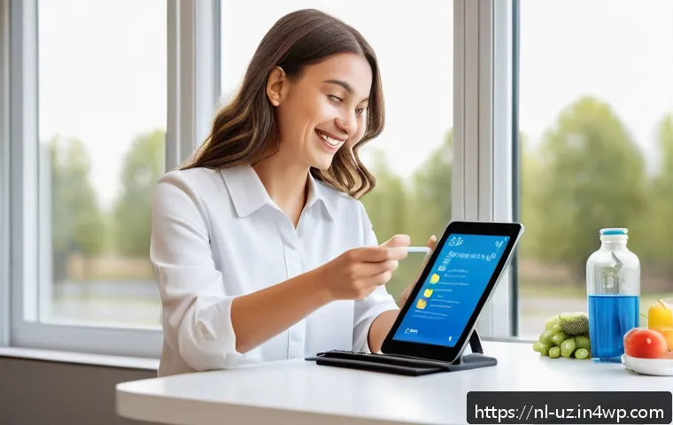 맞춤형 영양 추천을 위한 설문지 작성법 - A modern Dutch nutritionist’s office setting with a young adult woman filling out a digital interact...