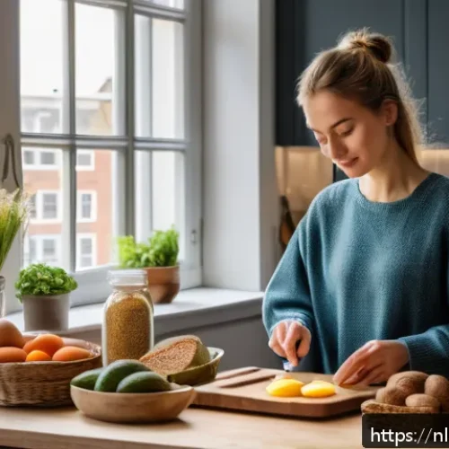 식습관 변화와 맞춤형 영양의 중요성 - A vibrant Dutch kitchen scene featuring a young adult woman preparing a balanced breakfast with comp...