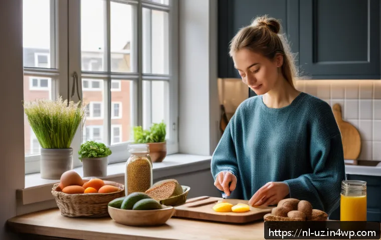식습관 변화와 맞춤형 영양의 중요성 - A vibrant Dutch kitchen scene featuring a young adult woman preparing a balanced breakfast with comp...
